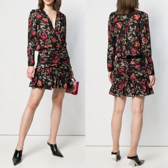 A.L.C. Dress Womens 10 Black Floral Haven Ruched Silk Long‎ Sleeve NWT Flaw $595 - Picture 2 of 16